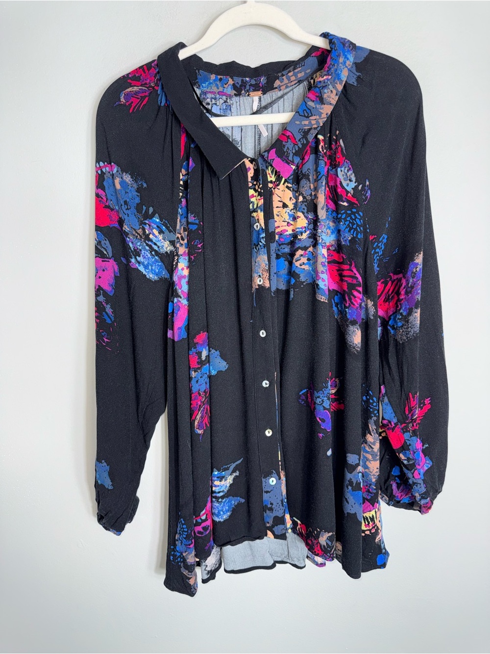 Free People Long Sleeve Tunic Blouse-Button Front Oversized-Rayon-Size Small